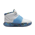 Lateral profile view of Nike Kyrie 6 TD Sapphire toddler sneakers in white with a translucent blue midfoot strap and crimson accents.