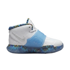 Lateral profile view of Nike Kyrie 6 TD Sapphire toddler sneakers in white with a translucent blue midfoot strap and crimson accents.