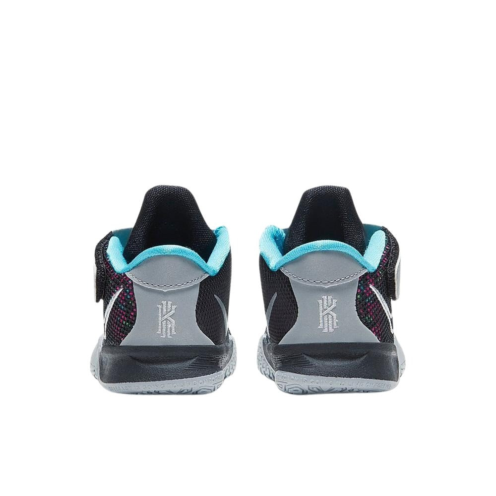 Rear heel view of toddler Nike Kyrie 7 Pixel Camo shoes highlighting the molded heel piece for ankle support, CT4980-008.