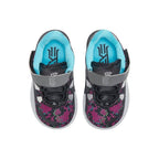 Top side view of Nike infant Kyrie 7 Pixel Camo black basketball shoes with mesh upper detailing, CT4980-008