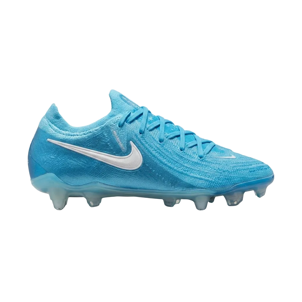 Profile view of the Nike Phantom GX 2 Elite SG-Pro AC Mad Ambition Pack blue soccer cleats (style code FJ2586-400) on a clean background.