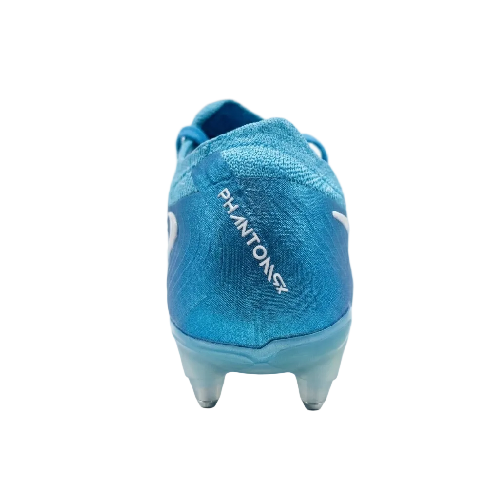 Rear heel view of the Nike Phantom GX 2 Elite SG-Pro AC Mad Ambition Pack cleats highlighting heel counter stability and Nike branding.