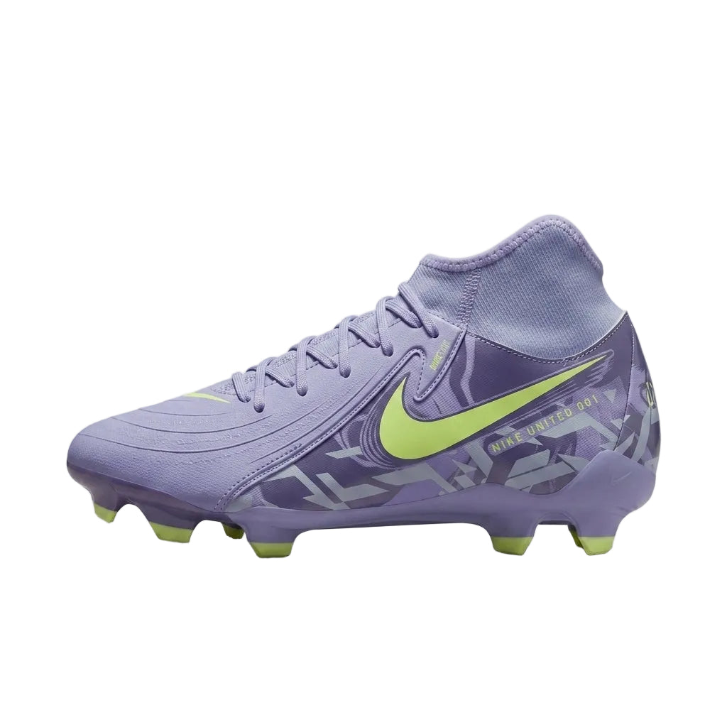 Medial or instep view of the Nike Phantom Luna 2 Academy FG/MG cleat, showing the Nike swoosh placement and the textured grip zones for passing and shooting in the United Pack 2025 style.