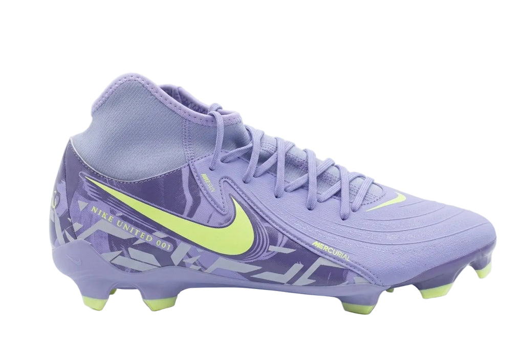 Angled profile view of the Nike Phantom Luna 2 Academy FG/MG soccer cleat from the United Pack 2025, model HF1598-500, showing the dynamic purple colorway and stud configuration.