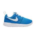 Lateral side view of toddler Nike Roshe One TD Photo Blue sneakers with crisp white swoosh and lightweight foam midsole.
