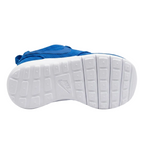 Bottom view of the clean white waffle-inspired rubber traction outsole on the toddler Nike Roshe One Photo Blue shoe.