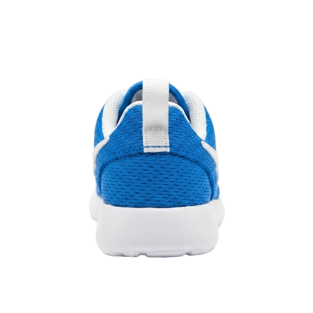 Back heel view of youth Nike Roshe One TD Photo Blue sneakers showing the protective padded collar and clean heel design.