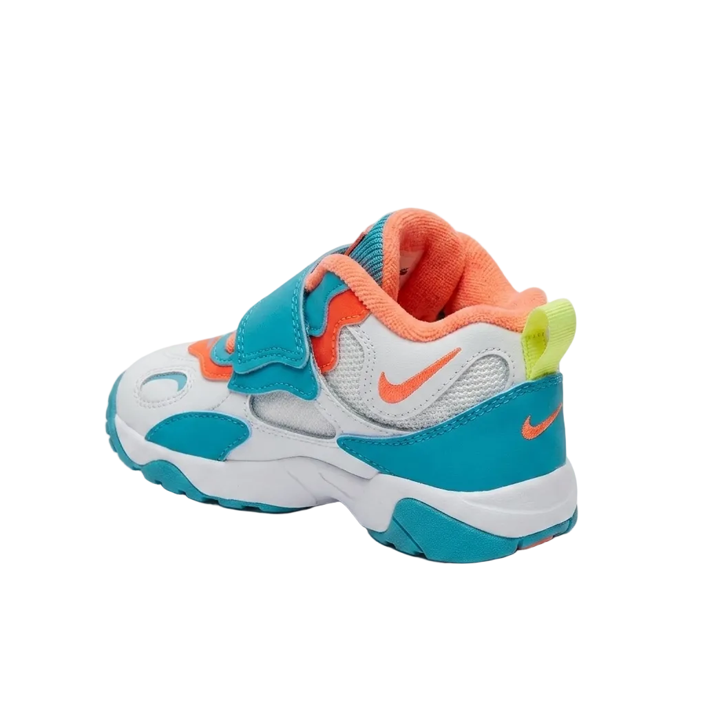 Nike Speed Turf TD mid-top training shoes in White and Bright Turquoise, style code BV2525-101, front three-quarter view.