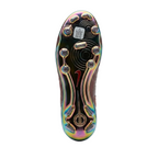 Bottom view of Nike Tiempo Legend 10 Elite Luxe FG spikes showcasing the shimmering iridescent chrome traction plate and firm ground studs, FZ1487-600.