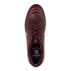 Top down aerial view of Nike Tiempo Legend 10 Elite Luxe FG soccer shoes displaying the quilted wave contoured forefoot and premium leather texture, FZ1487-600.