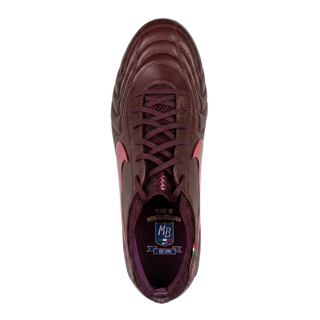 Top down aerial view of Nike Tiempo Legend 10 Elite Luxe FG soccer shoes displaying the quilted wave contoured forefoot and premium leather texture, FZ1487-600.