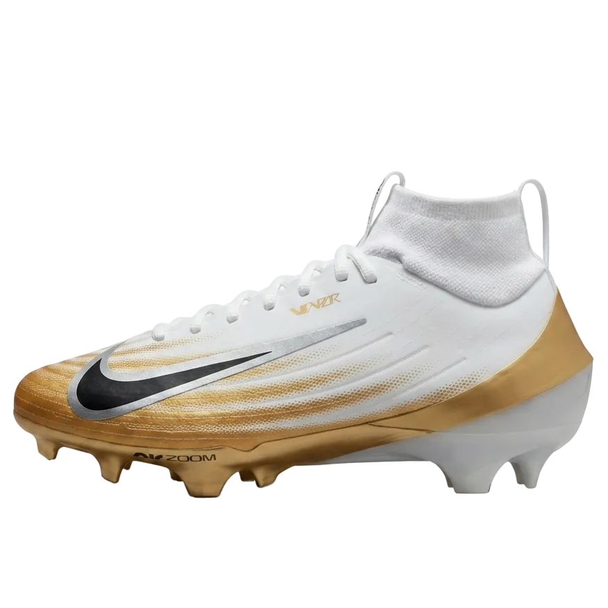 Side angle view of the Nike Vapor Pro 1 football cleat highlighting the metallic gold Nike swoosh and breathable mesh upper overlay.