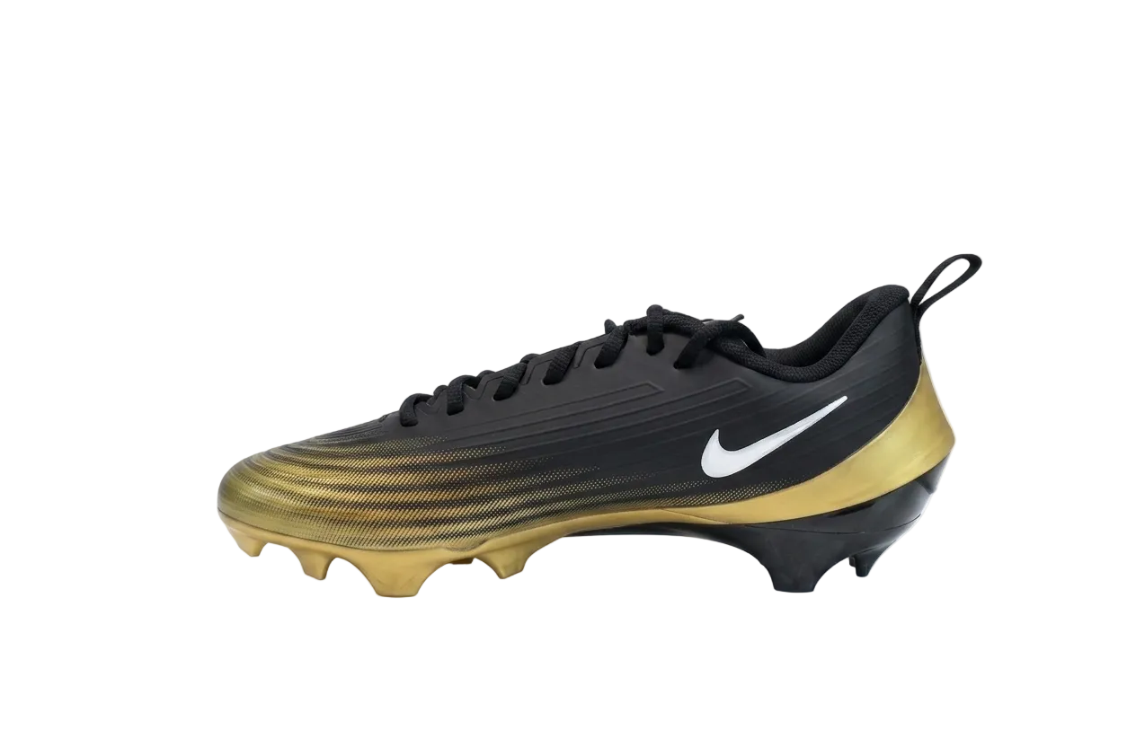 Side profile view of Nike Vapor Speed 3 shoes showcasing the sleek black upper and prominent metallic gold Swoosh, FB3303-003