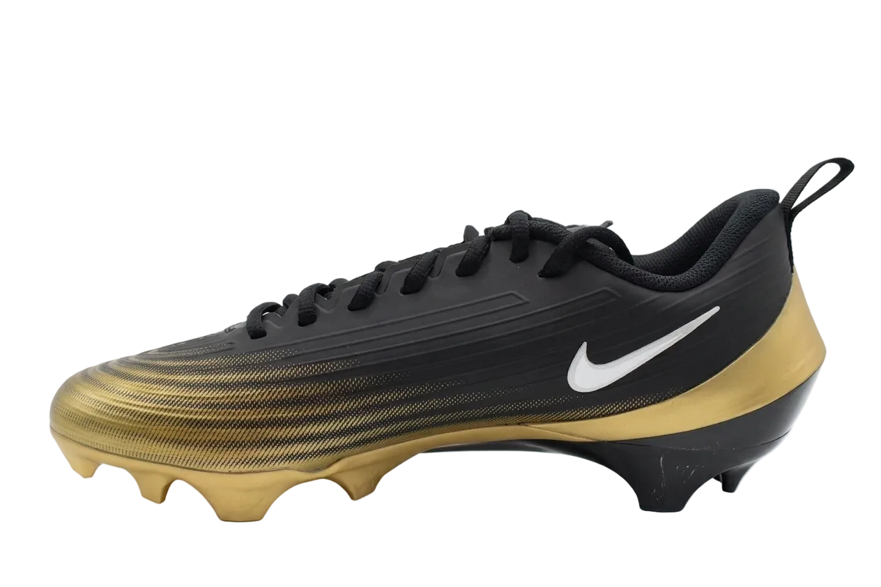 Medial inner side view of Nike Vapor Speed 3 turf shoes in a black and gold colorway, FB3303-003.