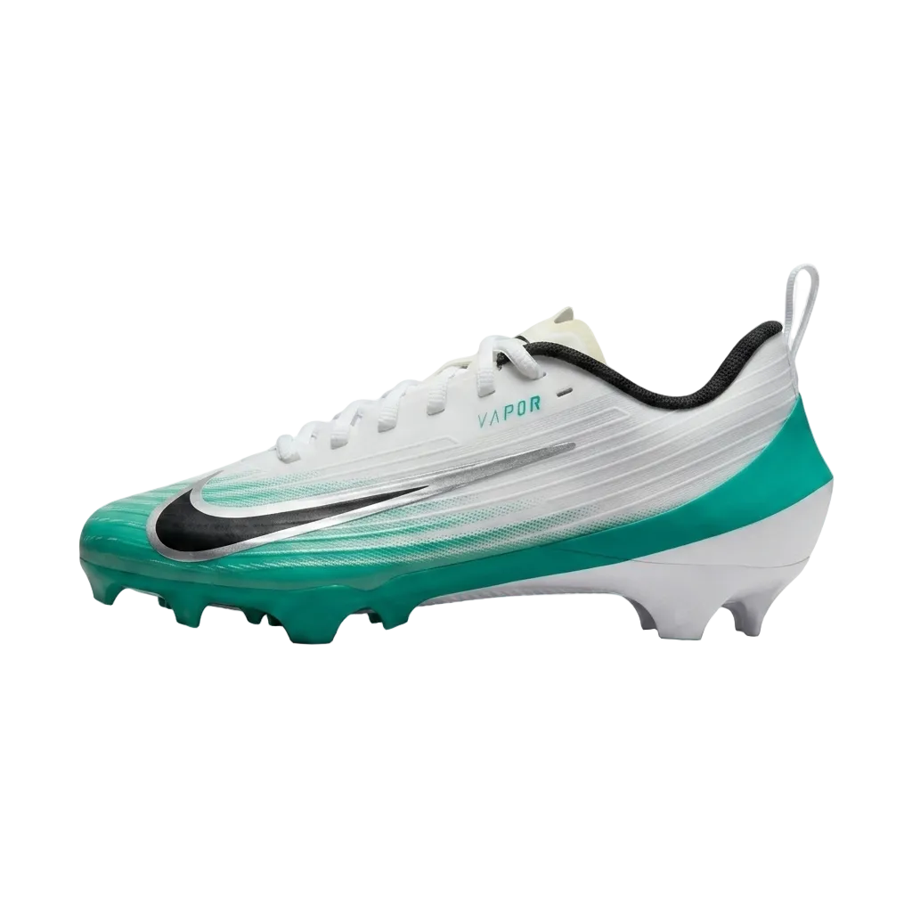 Side profile view of men's Nike Vapor Speed 3 TB field shoes showcasing the white mesh upper and metallic green Swoosh, HM8849-100.
