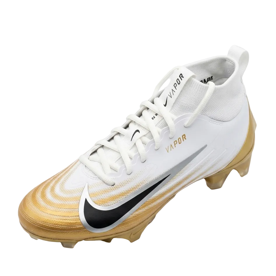 Side angle view of the Nike Vapor Pro 1 football cleat highlighting the metallic gold Nike swoosh and breathable mesh upper overlay