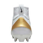 Rear heel view of the white and gold Nike Vapor Pro 1 football cleat emphasizing the structured heel counter and responsive Zoom Air cushioning support.