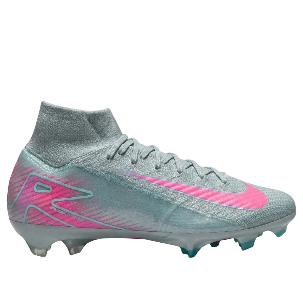 Main side profile view of Nike Zoom Mercurial Superfly 10 Elite FG Prism Pack FQ1454-301 showing Nike Swoosh.