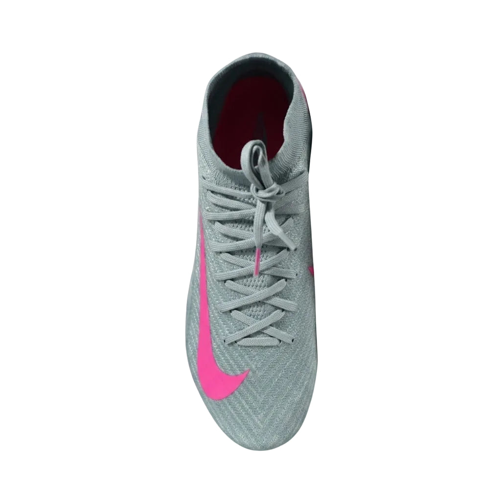Overhead top view of Nike Zoom Mercurial Superfly 10 Elite FG Prism Pack FQ1454-301 detailing Gripknit upper and laces.