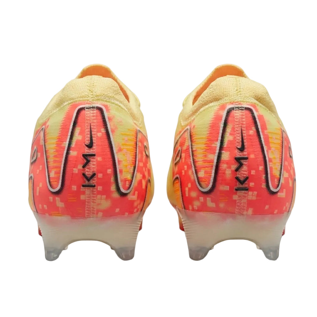 Rear heel view of Nike Zoom Mercurial Vapor 16 Elite Mbappé in Laser Orange showing heel structure and branding.