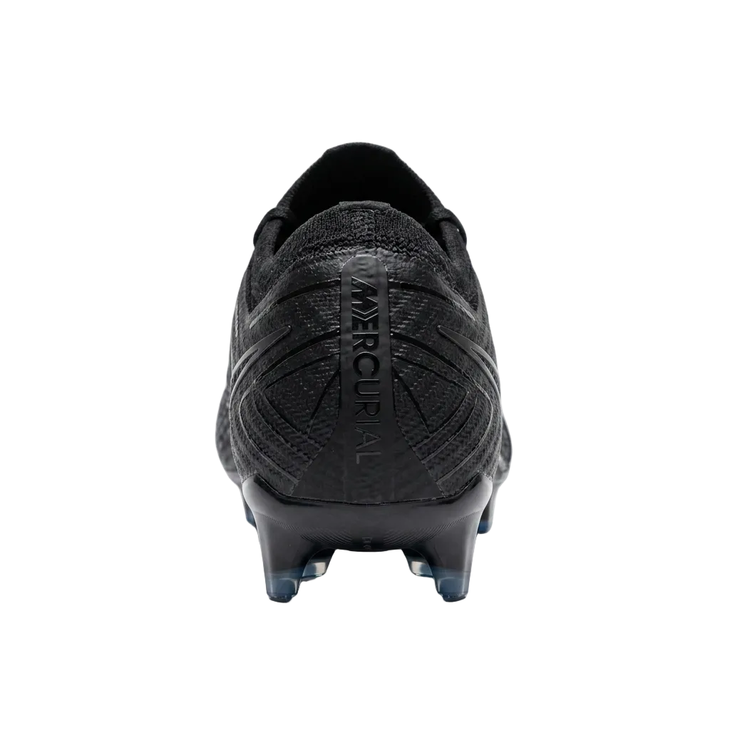 Rear heel view of Nike Zoom Mercurial Vapor 16 Pro FG firm ground spikes highlighting the supportive counter and Air Zoom branding, FQ8685-002.