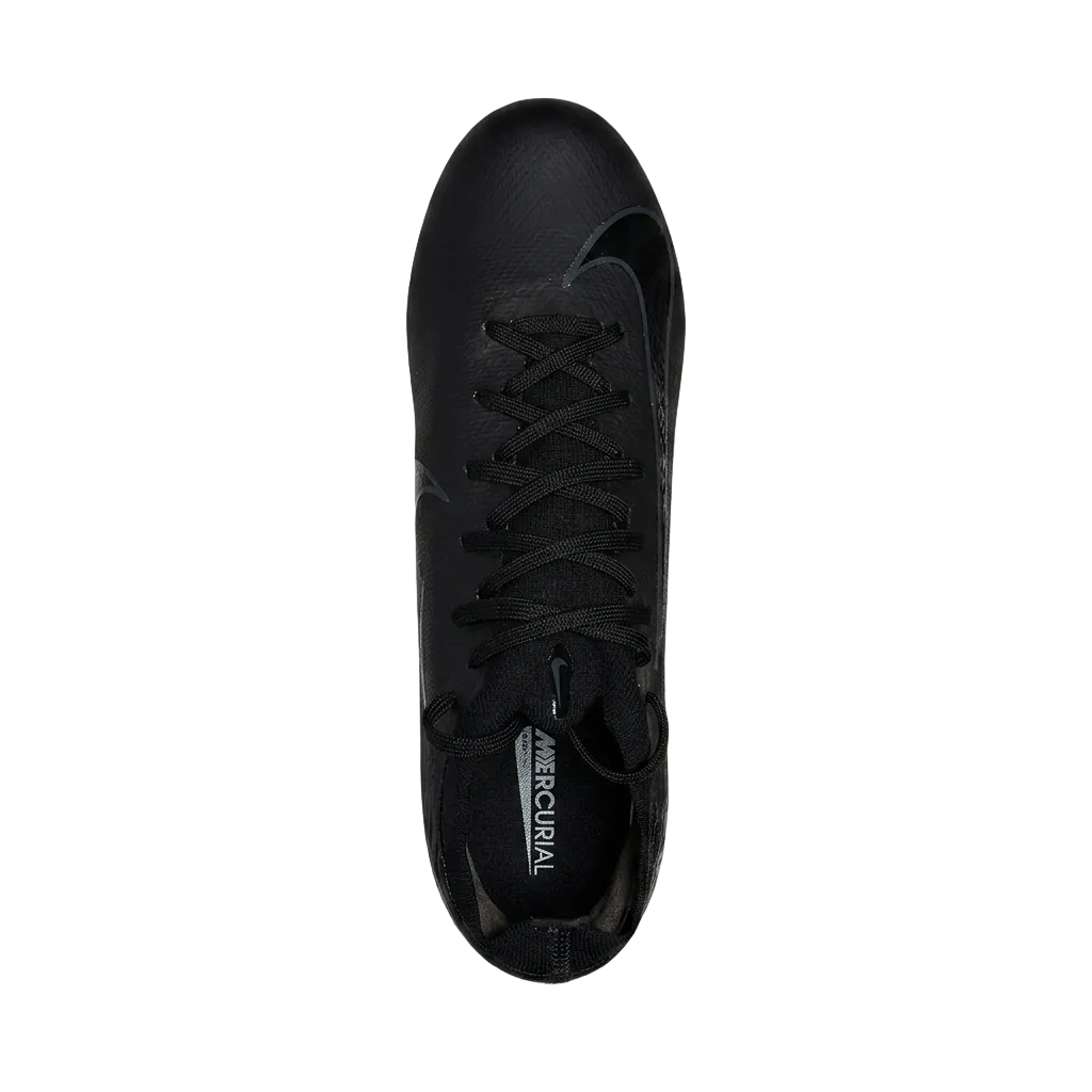 Top side view of Nike Zoom Mercurial Vapor 16 Pro FG soccer shoes highlighting the lightweight Flyknit upper texturing, FQ8685-002.