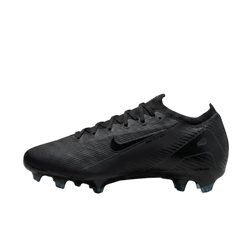 ide profile view of Nike Zoom Mercurial Vapor 16 Pro FG cleats showing the sleek black colorway and metallic details, FQ8685-002.