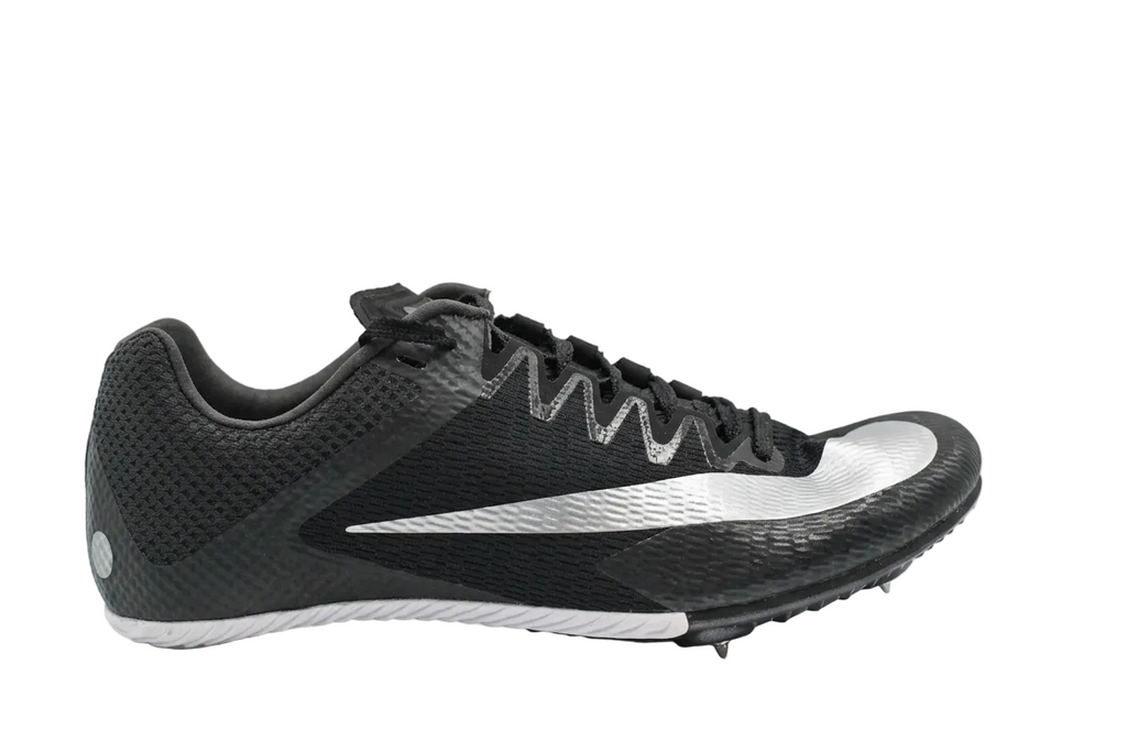 Profile view of Nike Zoom Rival Sprint track spikes in black and white, style FZ9663-001.