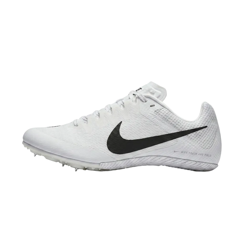 Side profile view of Nike Zoom Rival Sprint track and field sprinting shoes showing the large black Swoosh and reinforced mesh upper, FZ9663-100.