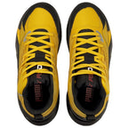 Top down view of the J Cole Puma RS Dreamer 2 Mid junior basketball shoe showcasing the yellow knit upper, black laces, and tongue branding.