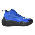Lateral profile view of the Puma RS-Dreamer 2 J. Cole Blue Dream basketball shoe, highlighting the vibrant royal blue upper, black midsoles, and sleek mid-top silhouette.