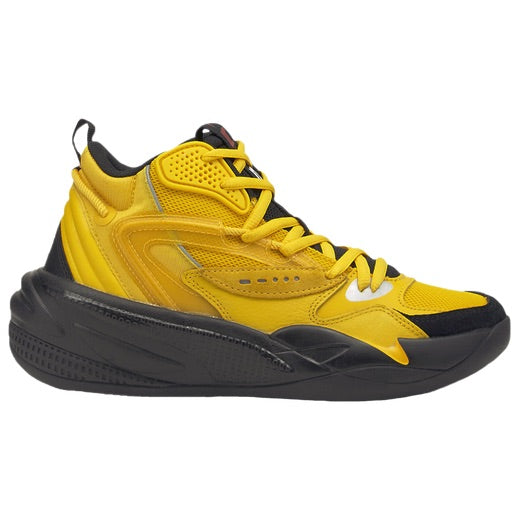 Lateral side profile view of the Puma RS-Dreamer 2 Mid JR January 28th sneaker in spectra yellow mesh and black overlays with Style Code 194851-02