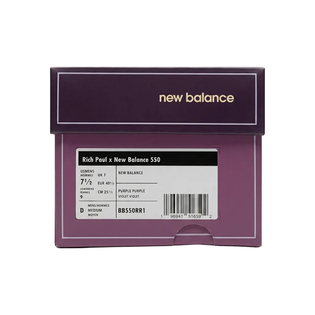 Box view of Rich Paul x New Balance 550 Forever Yours in lavender purple suede, style BB550RR1.