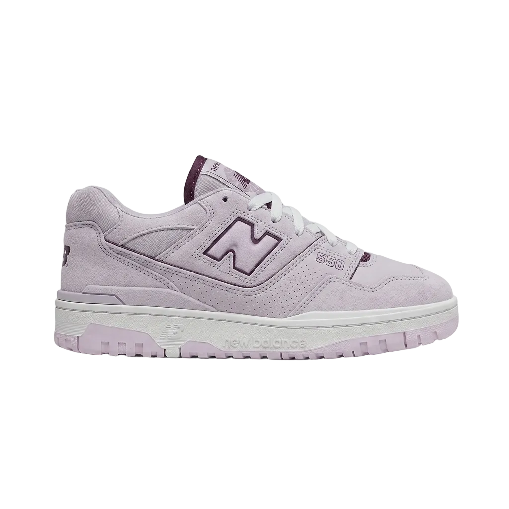 Profile view of Rich Paul x New Balance 550 Forever Yours in lavender purple suede, style BB550RR1.