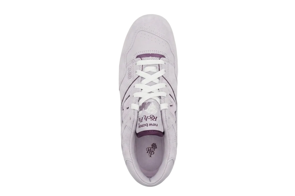 Top-down view of Rich Paul x New Balance 550 BB550RR1 showing the co-branded rose tongue tag and insoles.