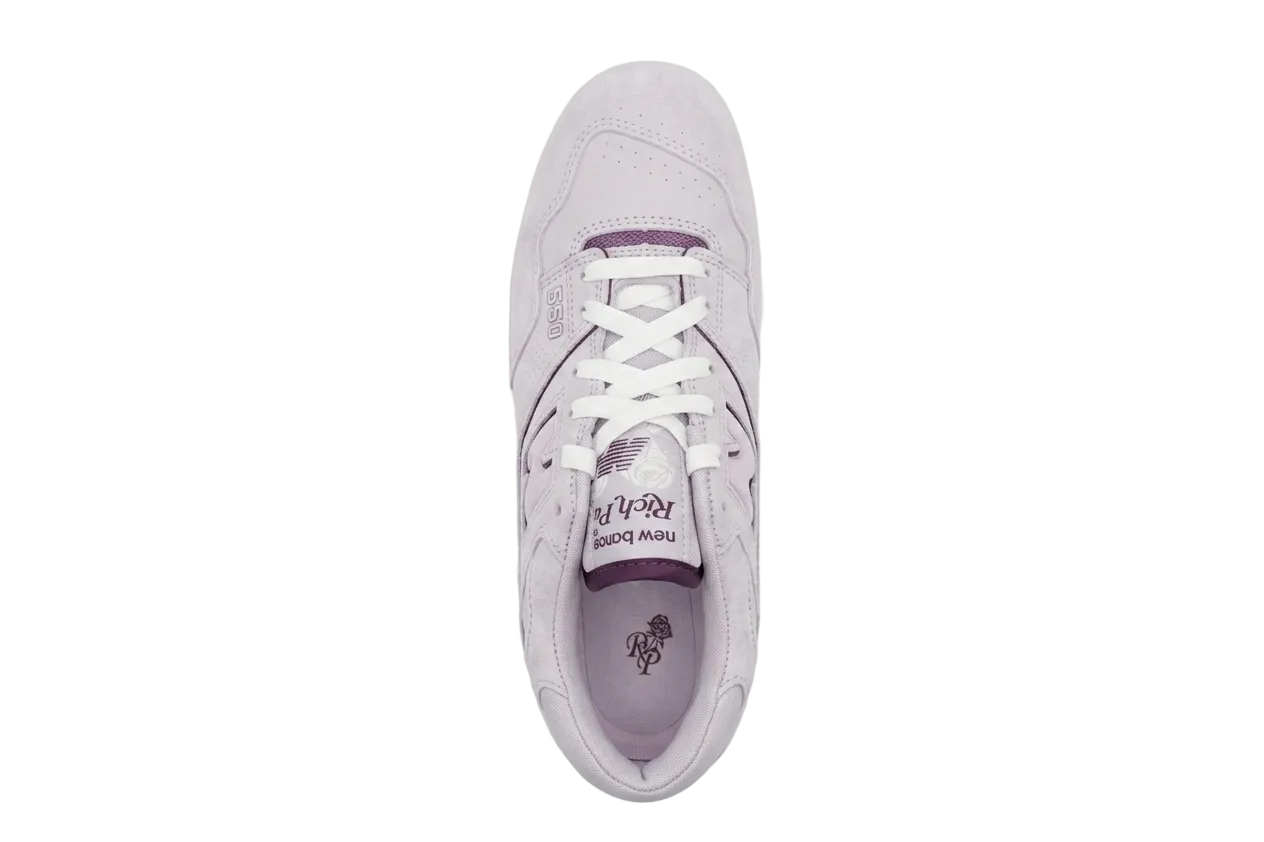 Top-down view of Rich Paul x New Balance 550 BB550RR1 showing the co-branded rose tongue tag and insoles.