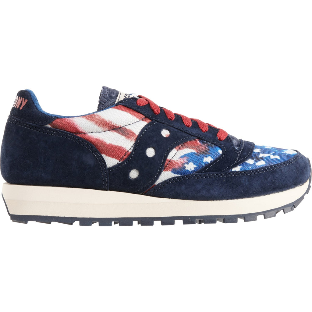 Profile of Saucony Women's Jazz 81 Stars & Stripes featuring navy suede and red accents.