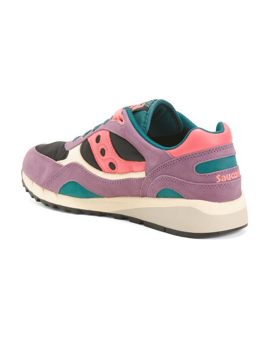 ide profile view of men's Saucony Shadow 6000 sneakers highlighting the premium purple suede overlays and black accents, S70784-1.